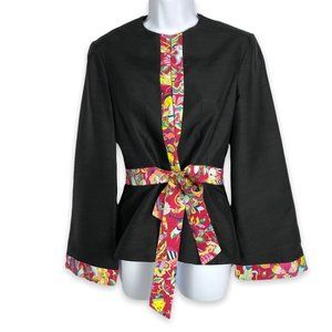 Shanghai Tang 100% Silk Jacket Black w/ Colorful Border Print Ties Front Size 4